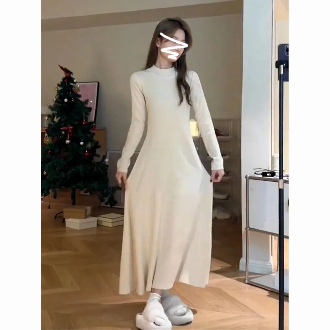 Vestido de punto adelgazante de corte a para mujer, vestido largo negro de estilo francés a media pantorrilla con cuello semiurgueto, Boutique en capas cálida para Otoño e Invierno