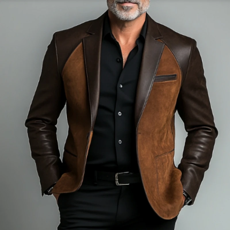 Designer Classic Men's Suit Coat PU Splicing Notched Lapel Tuxedos Peaked Breasted Groom Wear Business Party Blazer Customized