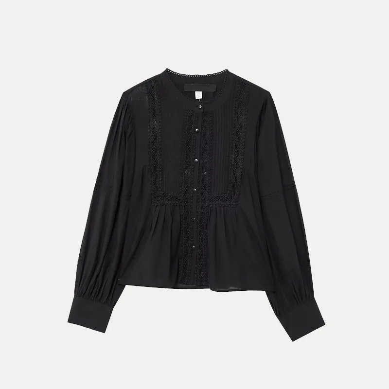 Lente 2025, dames Faion irt kanten rand lang Sve eenvoudige elegantie top Z polyestervezel pure kleur veelzijdige sle