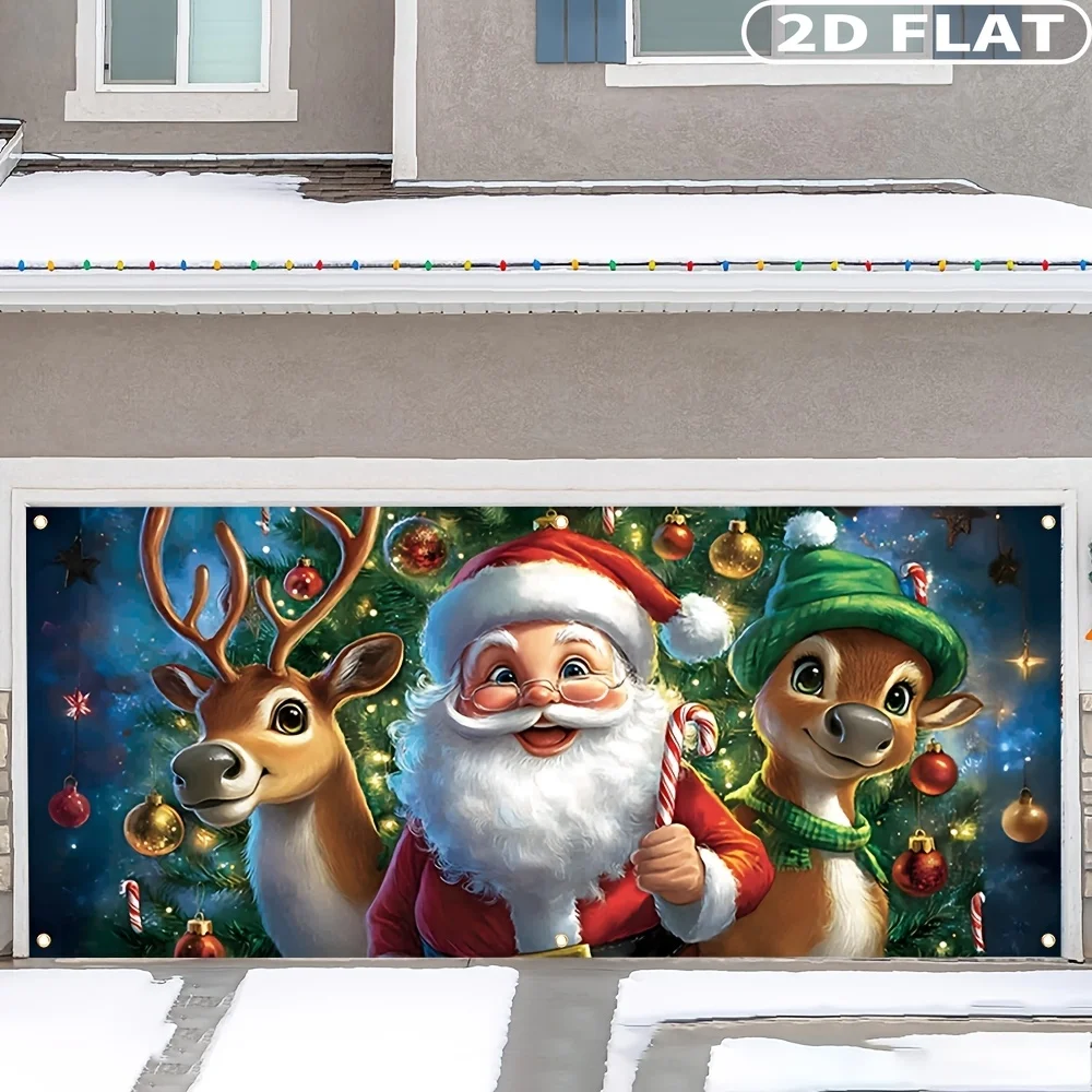 قطعة واحدة من لافتة عيد الميلاد الكبيرة المسطحة ثنائية الأبعاد، لافتة باب جراج عيد الميلاد - تصميم سانتا والرنة، لافتة غطاء بوليستر مقاس 157 × 71 بوصة #3