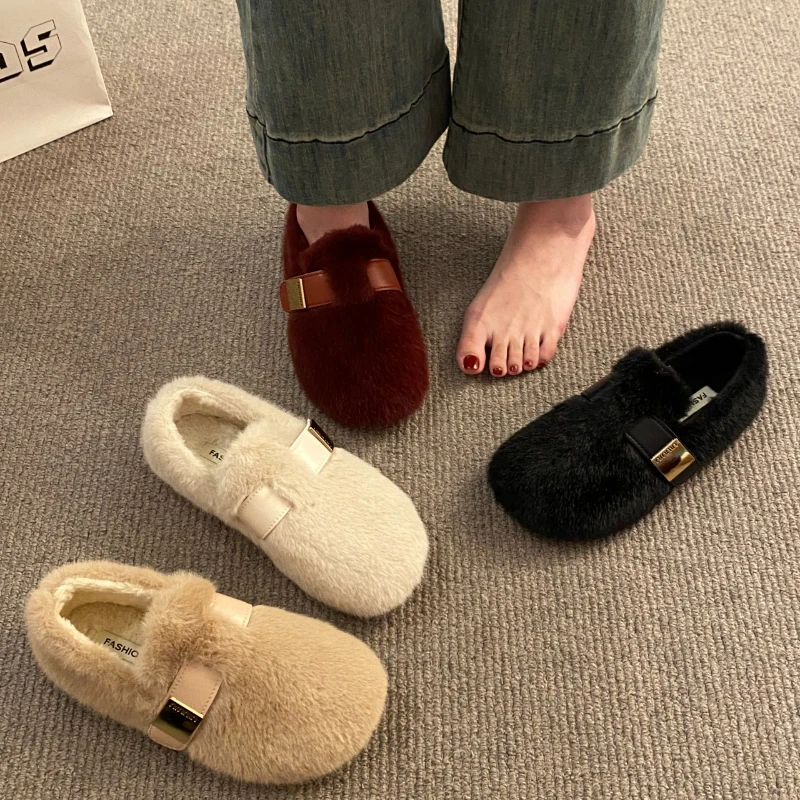 Winter Women Elegant Buckle Strap Fur Mary Jane Shoes Cosy Soft Fluffy Ballet Flat Ladies Plush Shallow Loafers Modis Slip On