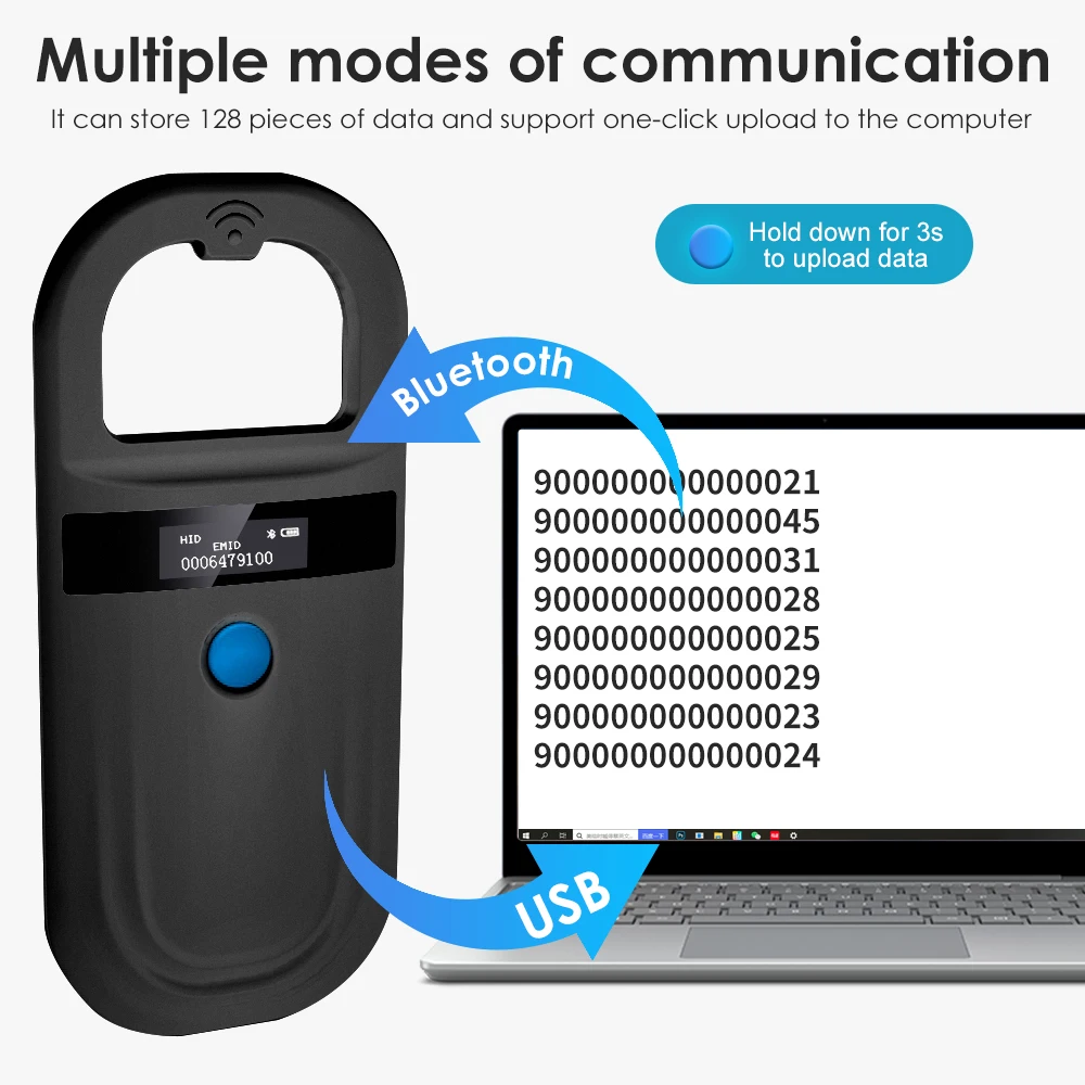 Black Animal RFID Reader 134.2KHz 125kHz USB/Bluetooth Pet Cat Dog Microchip Scanner FDX-B Glass Chip Identification Tag Reader