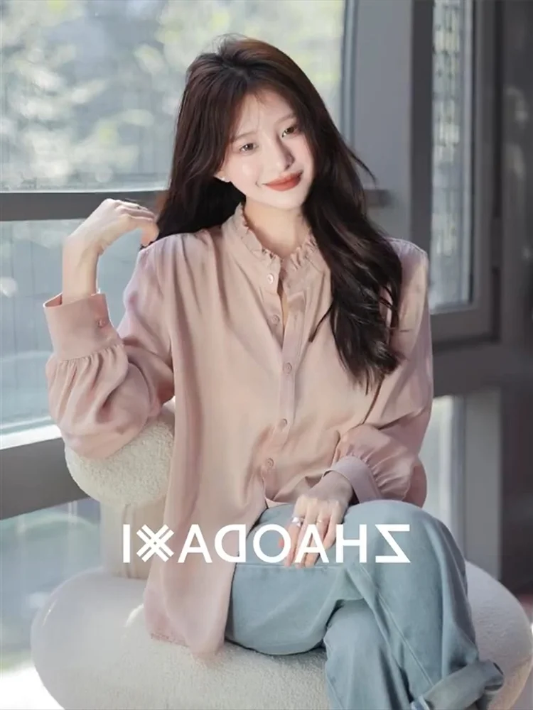 

Pink Ruffle Collar Silk Shirt Women's New Style Spring Autumn Elegant Layering Base Layer Shirt Winter Commute Korean Loose Fit