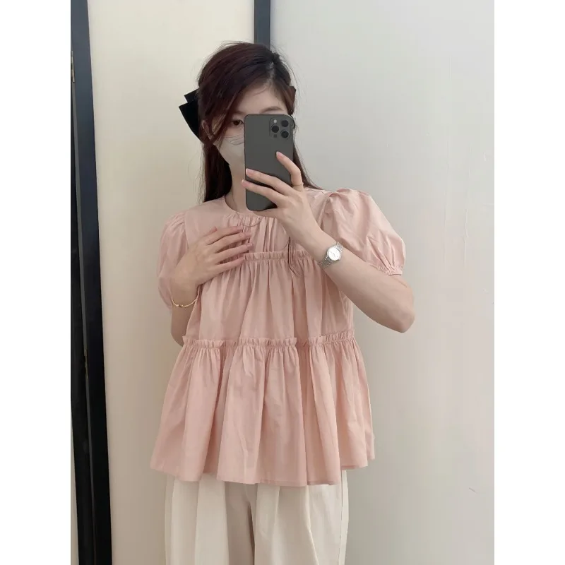 Ruffles Shirts and Blouses Korea Solid Summer Top Women 2024 Elegant and Youth Woman Blouses Solid Fashion Short Sleeve Clolthes