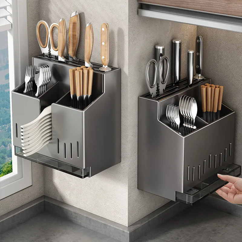 Stainless steel chopstick storage box, holder, integrated storage, kitchen rack, wall-mounted spoon bucket, chopstick cage