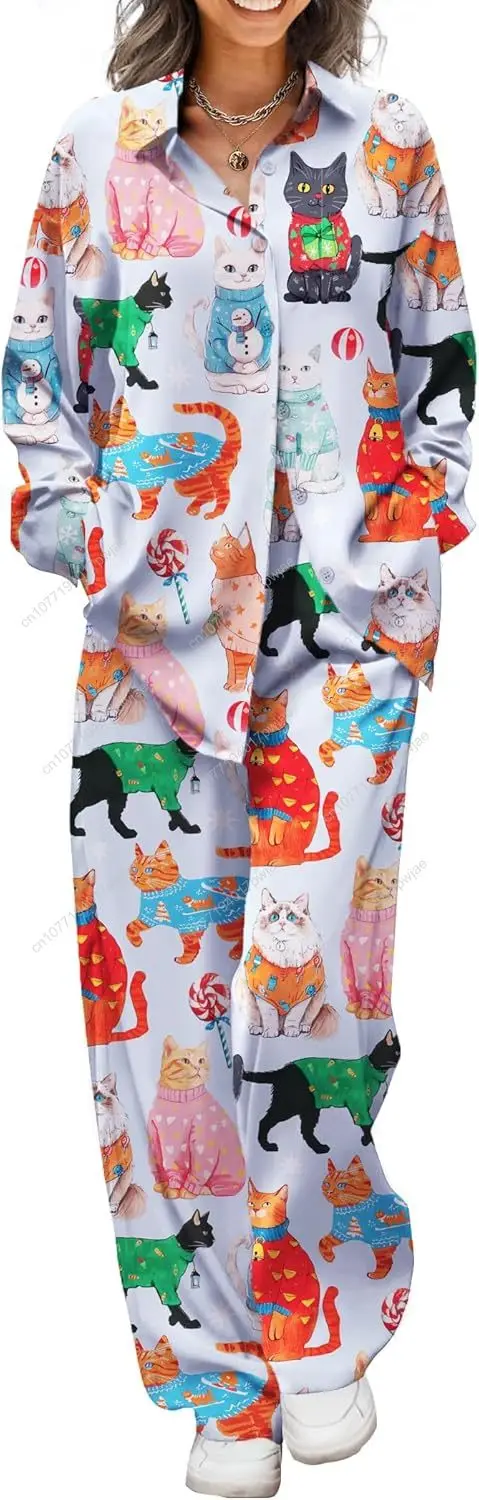 Ekouaer Damen-Pyjama-Set aus Satin, seidig, 2-teilig, bedruckt, Pyjama, weiche Loungewear, Button-Down-Nachtwäsche mit elastischem Bund, lange Hose