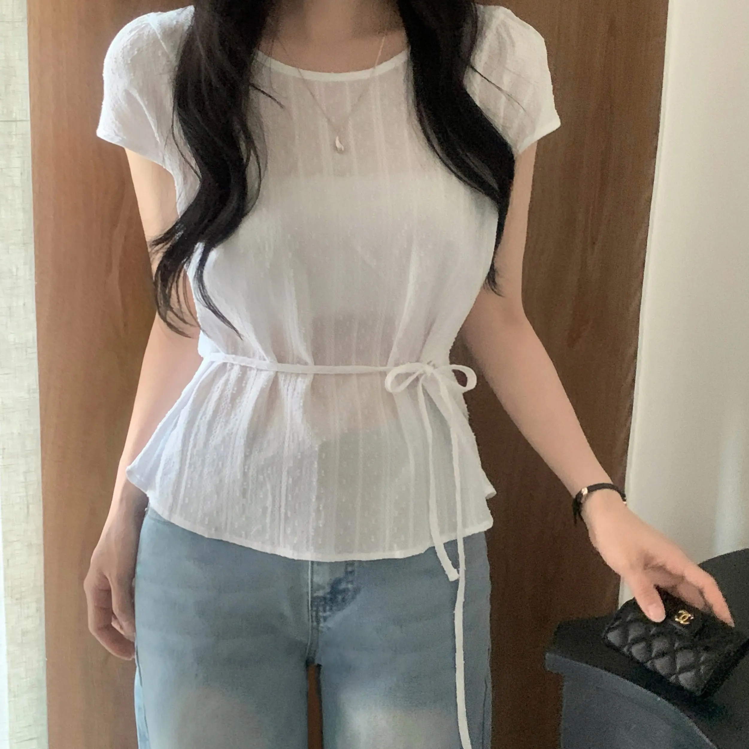 

Slimming Short Shirt Women's Cotton Embroidered Fabric Gathered Waist Belted Hem Small Flying Sleeve round Neck Top