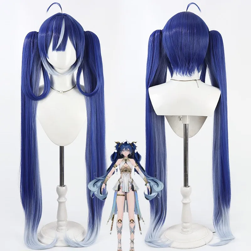 

Wuthering Waves Iuno Cosplay Wig 100cm Long Blue Mixed Silver White Ponytail Heat Resistant Synthetic Hair