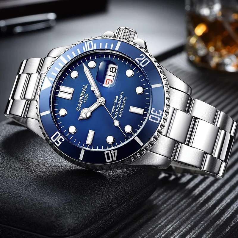 CARNIVAL Luxury Switzerland Brand Men's Automatic Mechanical Watches Luminous Sapphire Water Ghost Dual Calendar Clock C8756G