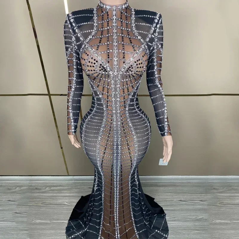 Sparkly Schwarz Samt Strass Abendkleider Frauen Party Feiern Kleid Hochzeit Kostüm Bühne Leistung Outfit XS7454