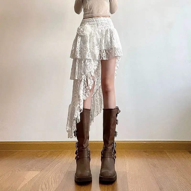 

Vintage Boho Lace Skirt Women White Asymmetrical Skirts Elegant Fairycore Korean Fashion Tull Irregular Short Mid Skirt