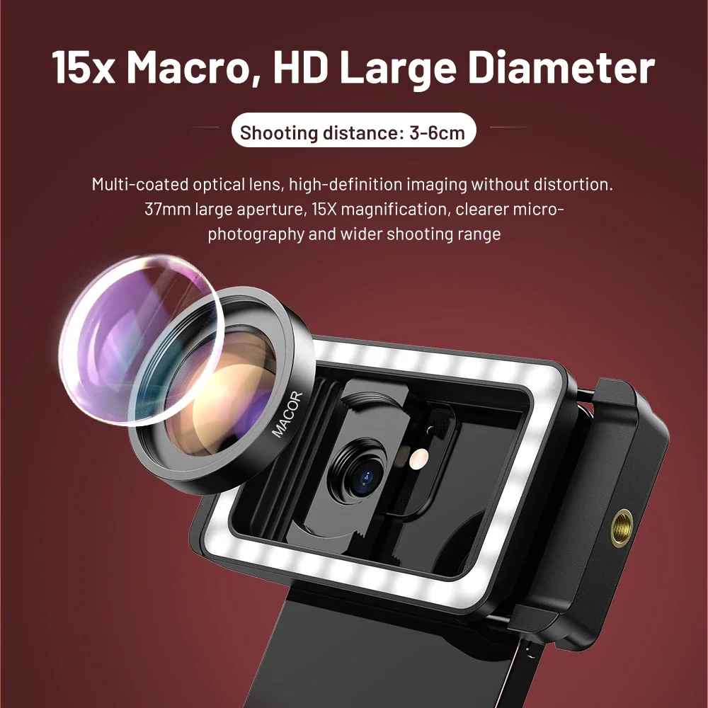 

New Upgrated HD 15x Macro Lens With LED Fill Light Universal Clamp Clip Micro Lenses For IPhone Samsung All Smartphones