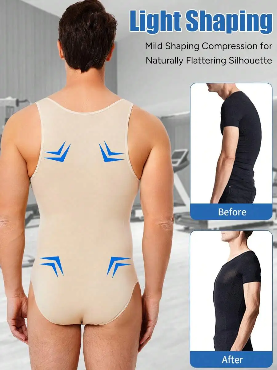 

Mens Seamless Nylon Spandex Bodysuit With U Neck And Crotch Snap Light Compression For Workout Daily Wear