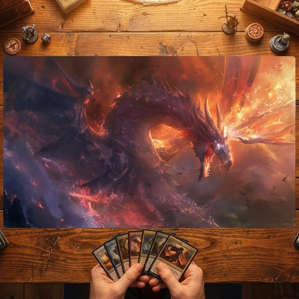 Fiery Dark Wyvern TCG Playmat 35X60CM Flame Winged Dragon Magic Card Battle Mat Non-Slip Durable Stitched Edge Tabletop Playmat