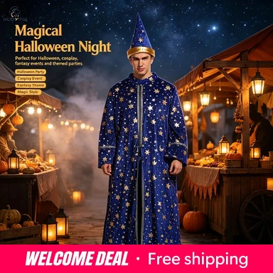 Costume da mago per Halloween, abito lungo blu con stelle stampate e cappello abbinato, ideale per feste a tema e giochi di ruolo.
