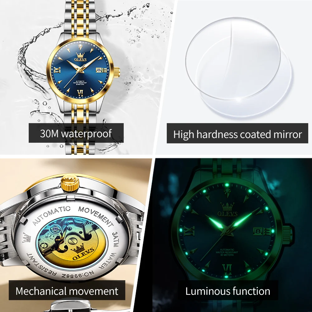OLEVS 9956 Womens Watch Luxury Brand Automatic Mechanical Watch Waterproof Date Watch For Women Bracelet Set Original Reloj New