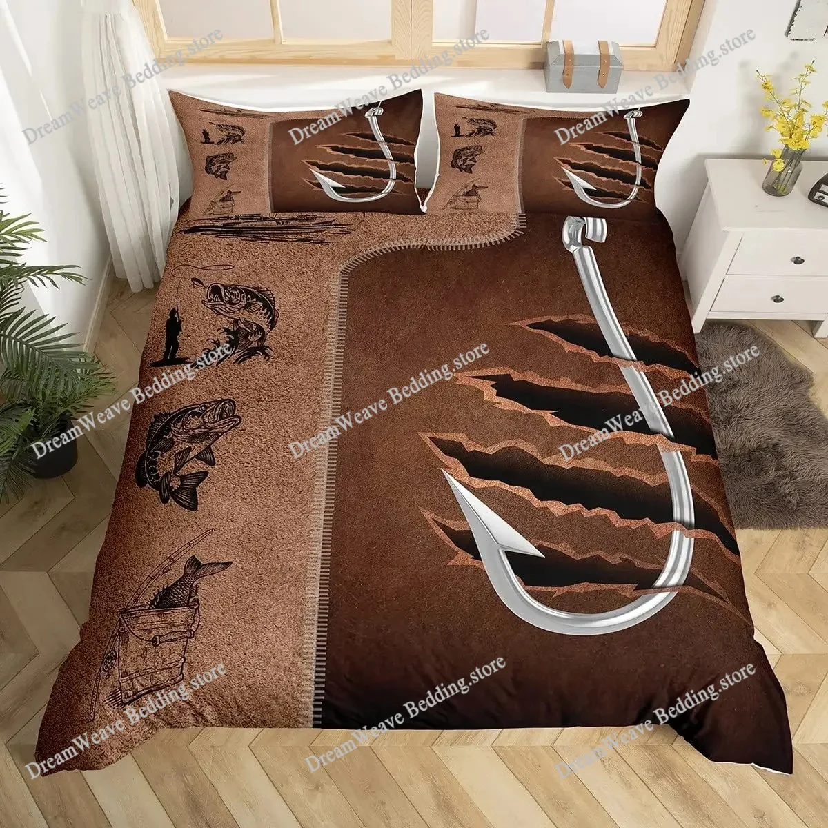 

Fishhook Duvet Cover Set Twin Size Fishing Bedding Set Fish Hook Pattern Comforter Set,Modern Quilt Cover for Teen Adult