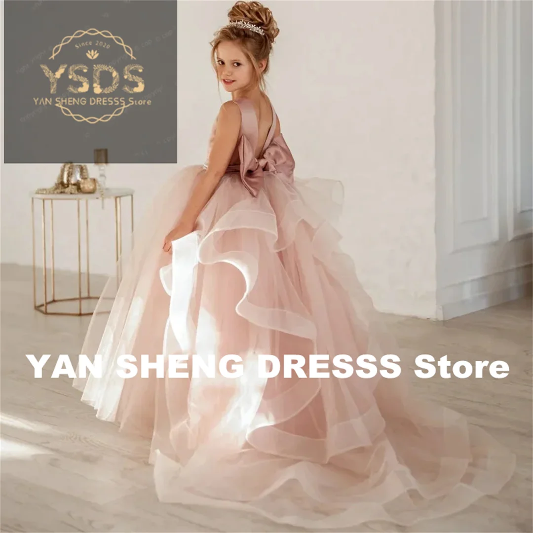 

Customized Wedding Tiered Party Gown Flower Girl Dress for Lace Applique Train Princess Pageant Floor-Length Puffy Girls Pageant