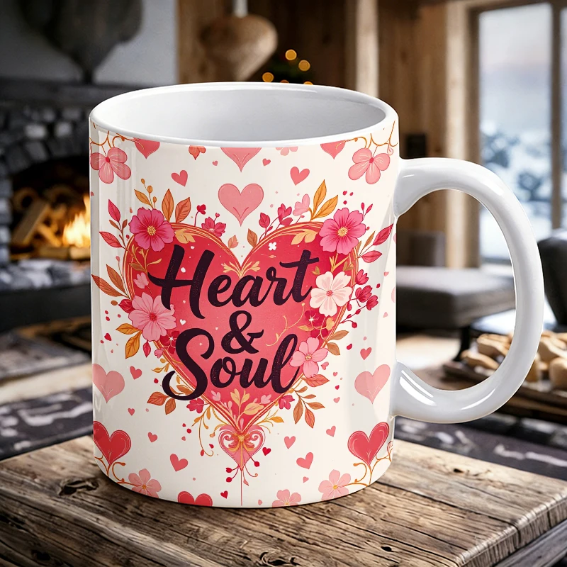 

'Heart & Soul' floral heart ceramic mug with handle, creative coffee cup, milk cup, office tea cup, drinking cup, fade-resistant