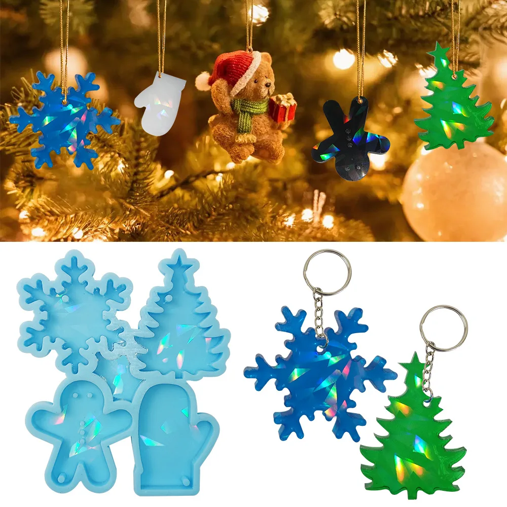 Light Shadow Christmas Pendant Epoxy Resin Mold Bell Snowflake Laser Silicone Mould Jewlry Keychain Making Christmas-Tree Decor