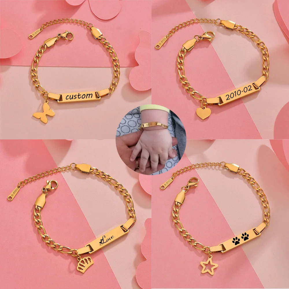 Engrave Name Bracelet Stainless Steel Gold Color Personalized Baby Bracelets Charm Figaro Chain For Kid Child Birthday Gift