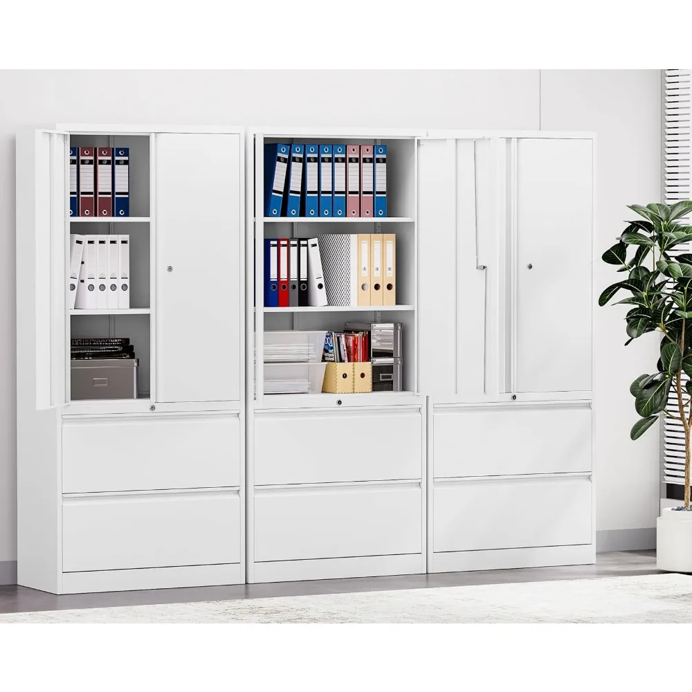 Locking White 2-Drawer Lateral Filing Cabinet with Shelf, Secure Metal Storage for Office Documents