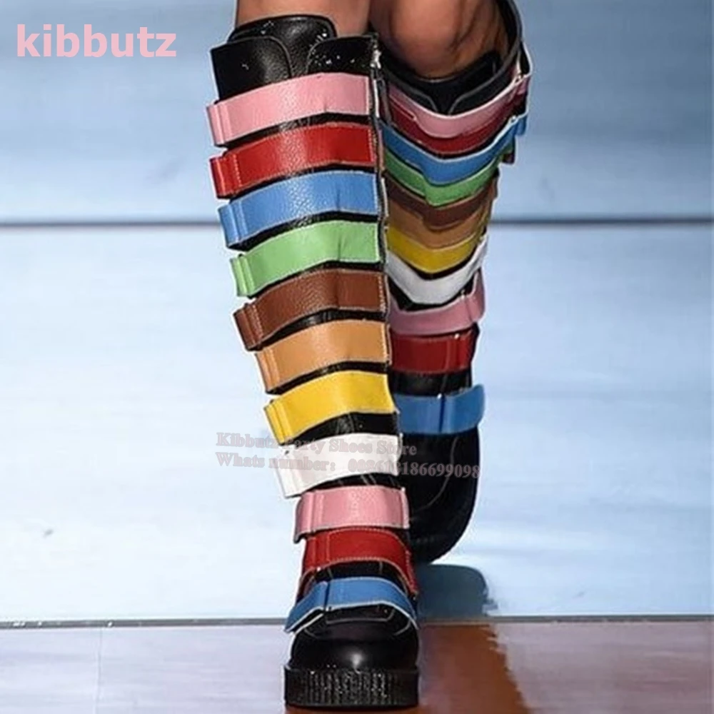 

Colorful Buckle Riding Boot Knee High Round Toe Platform Height Increasing Side Zipper Fashion Runway Show Sexy Shoes Large Size