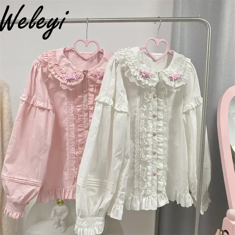 

Lolita Girl Cute Pink Shirt 2024 Autumn and Winter New Fashion All Matching Doll Collar Blouse Ruffles Long Sleeve Bottoming Top