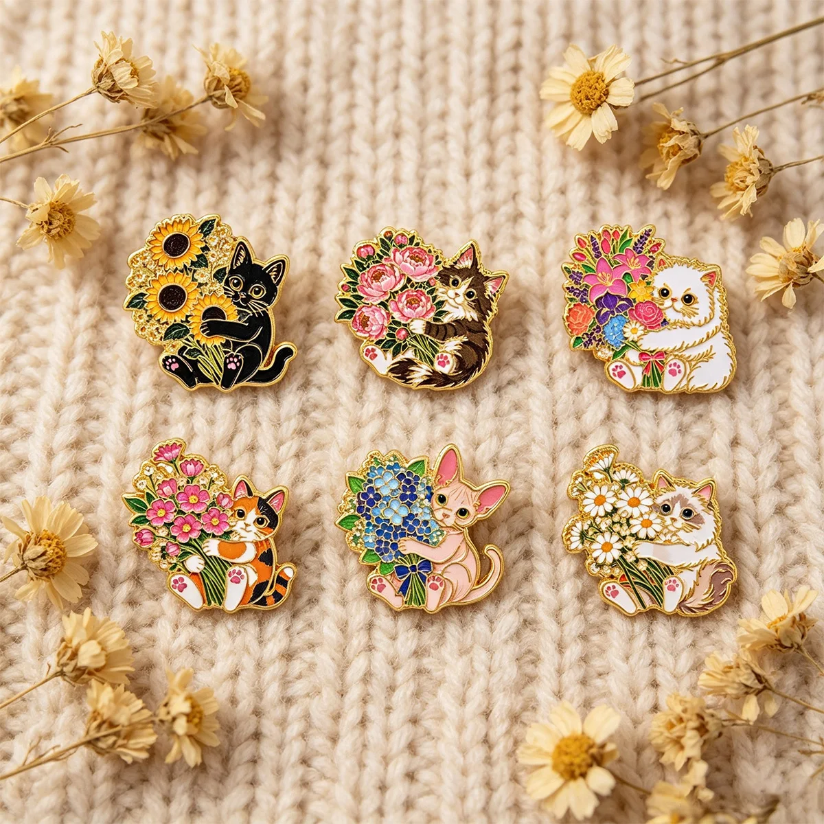 12-teiliges Set Blumenstrauß-Katzen-Emaille-Pins, Bunte Gemischte Katzen-Broschen für Rucksäcke, Kleidung, Schmuck, Geschenk für Tierliebhaber – Detail 4