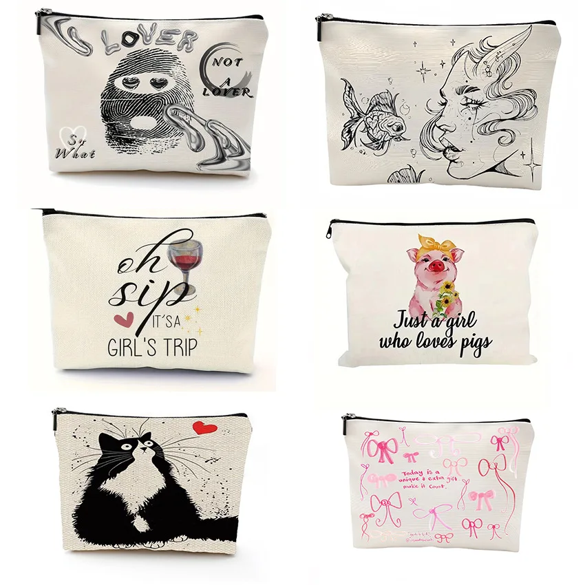 Women's Makeup Bag, Cute Pink Piglet Makeup Bag, Storage Bag, Linen Waterproof Zipper Bag