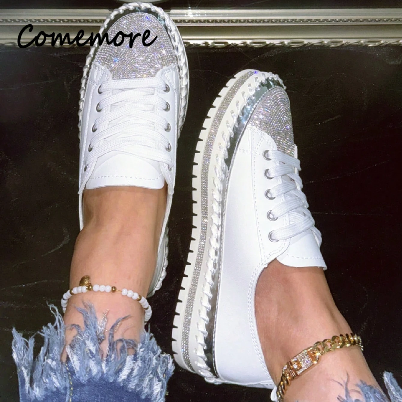 Women Shiny Rhinestones Shoes Four Seasons Casual Sneakers Women Stylish Sport Shoes Lace-Up Sneakers Shoes