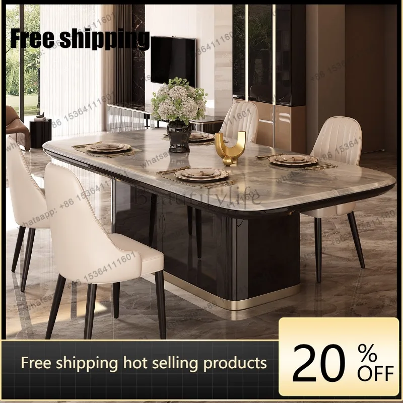 YJ modern dining table large apartment living room high-end sense solid wood storage microcrystalline stone dining table
