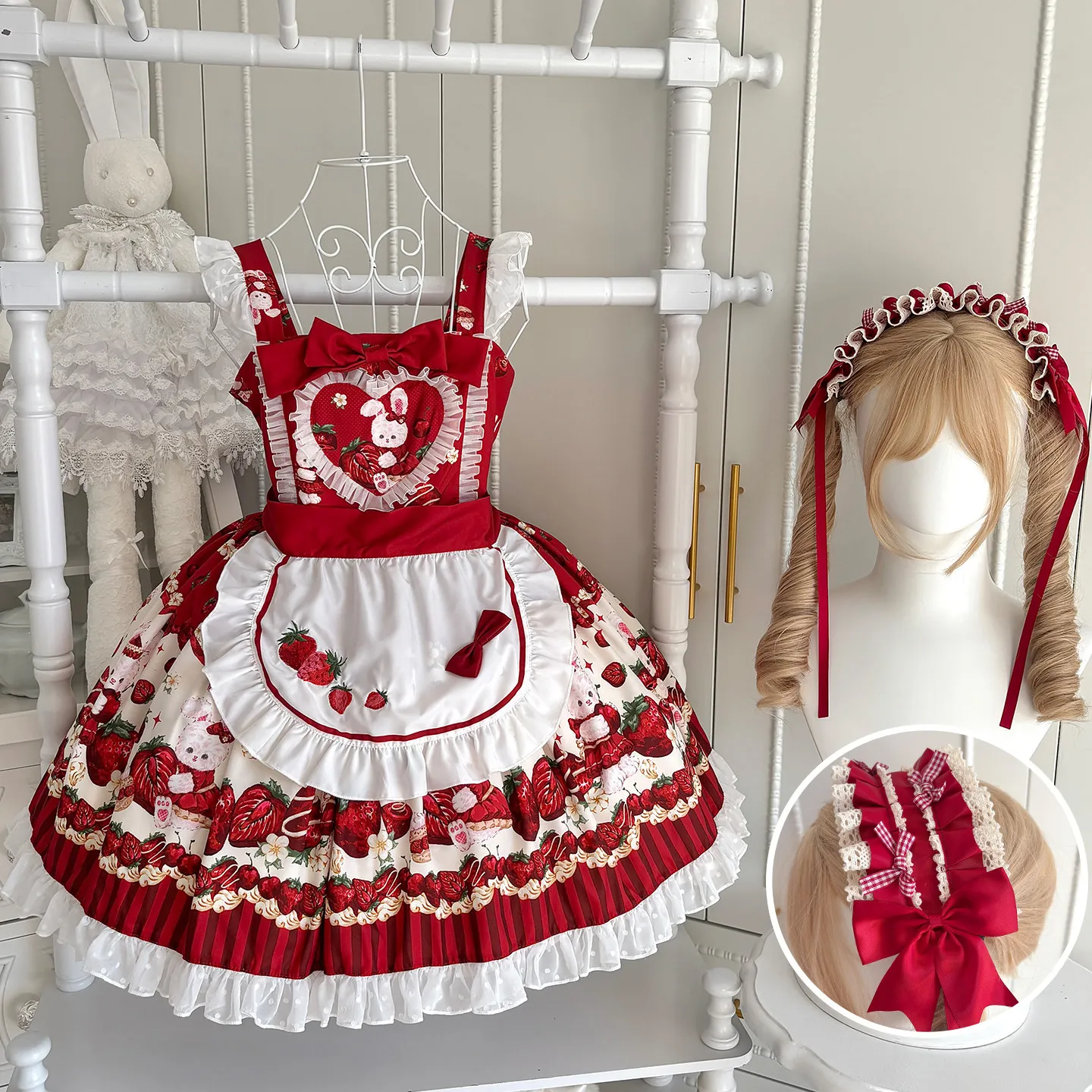 

Платье-сарафан SOIOMES Milk Berry Little Rabbit Apron Lolita Original Cute Strap Skirt Sweet JSK