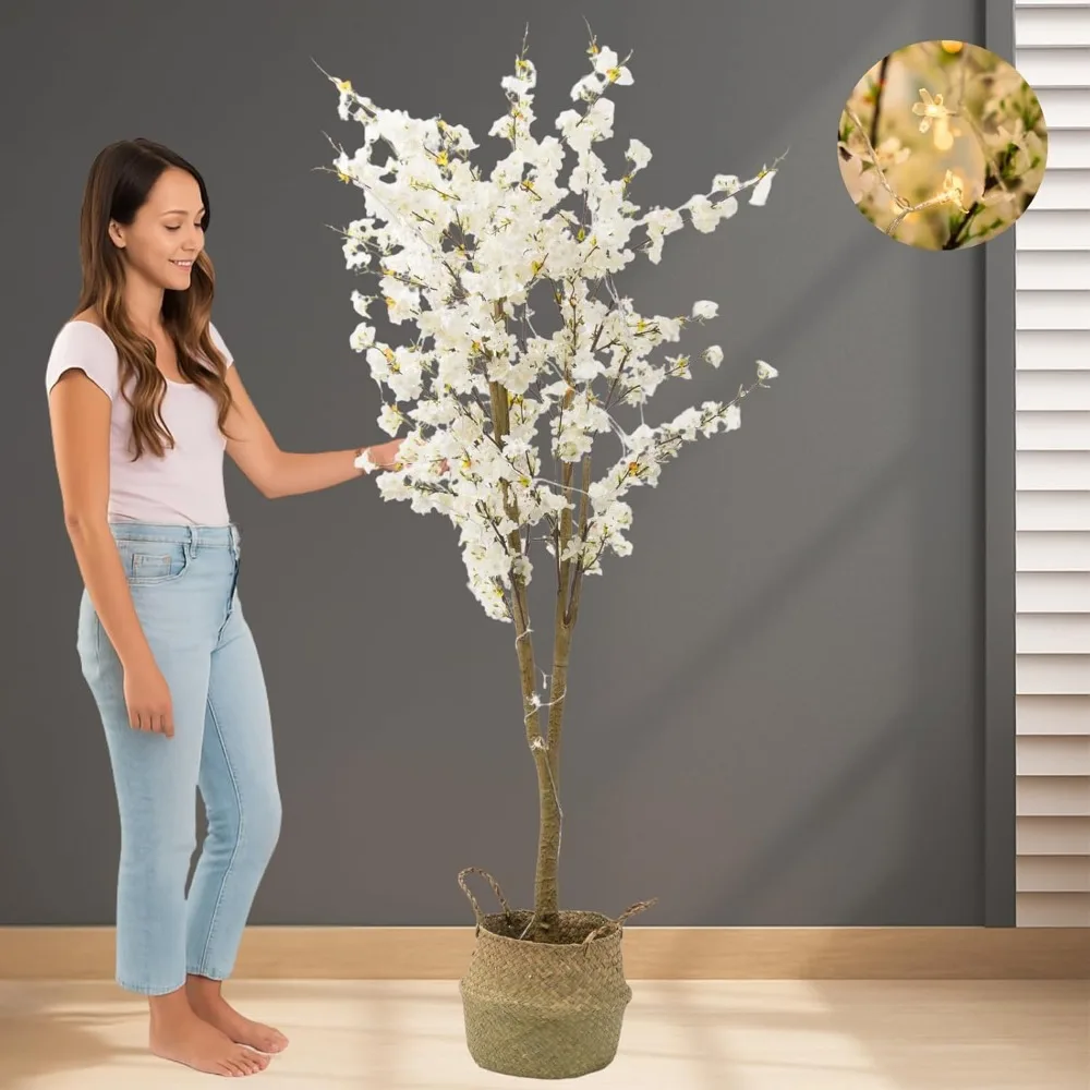 

6-foot Tall Cherry Blossom Tree with Lights and Plant Basket, Tall Fake Tree, Artificial White Decorative Tree