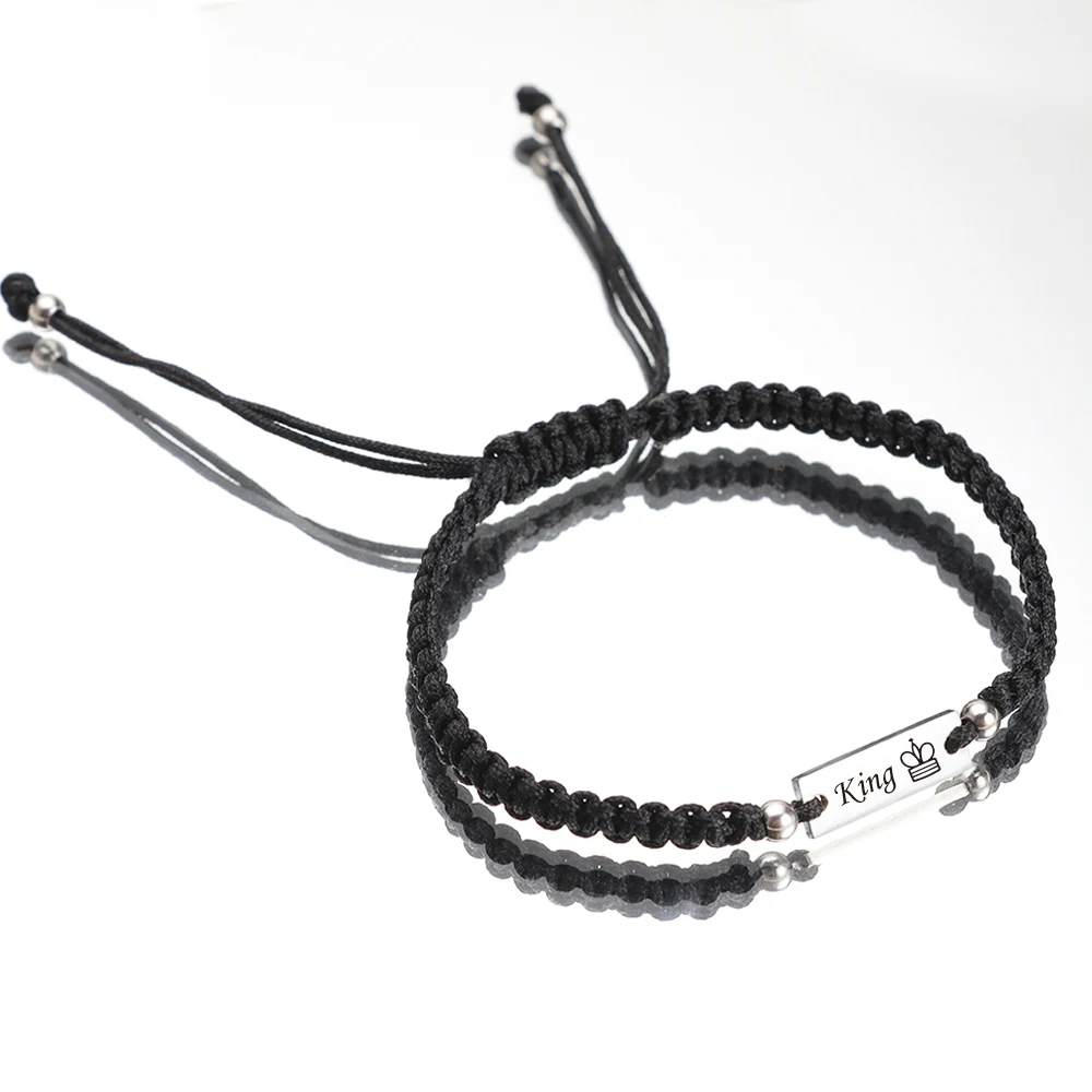 2pcs Stainless Steel Nameplate Couple Woven Bracelet KING QUEEN Red Rope Lucky Hand Rope Jewelry Gift for Men and Women