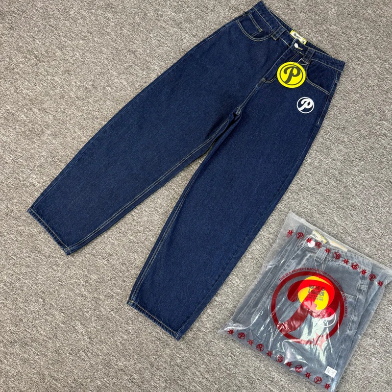 

Vintage Trend Protect Jeans Real Photo Streetwear High Quality Embroidery Straight-leg Denim Trousers Men Women
