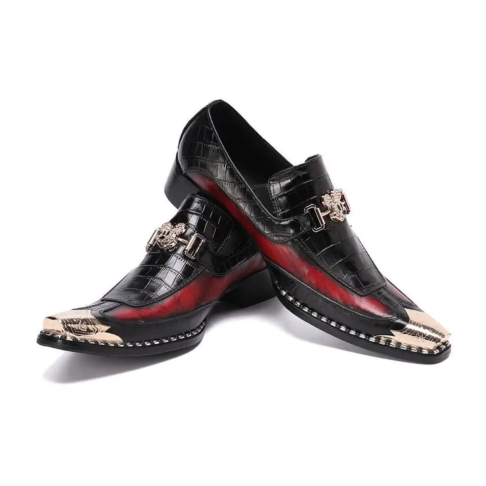 Metal Pointed Toe Genuine Leather Men\'s Shoes Luxury Black Snake pattern Colors Loafers Wedding Banquet Party Social Dress Shoes