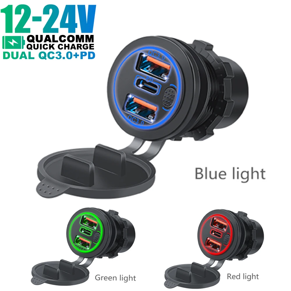 Car Lighter USB Car Charger Socket 30W PD & 18W QC3.0 With Switch For 12V-24V Motorcycle Boat Marine Truck ATV