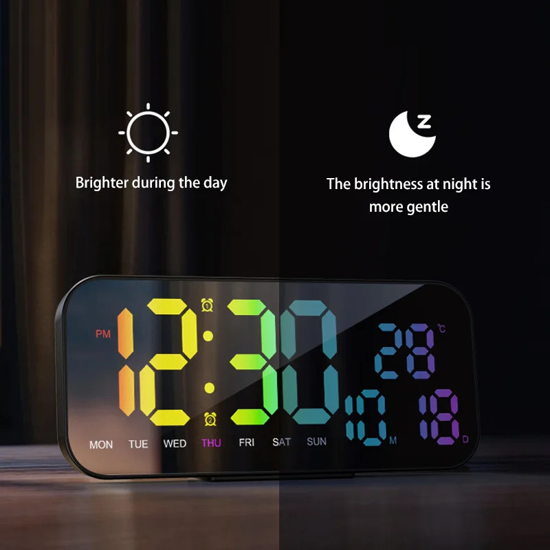 LED Mirror Wall Clock Digital Alarm With Color Changing RGB Temperature Date Display USB Powered For Home Office Hotel Desk 2025