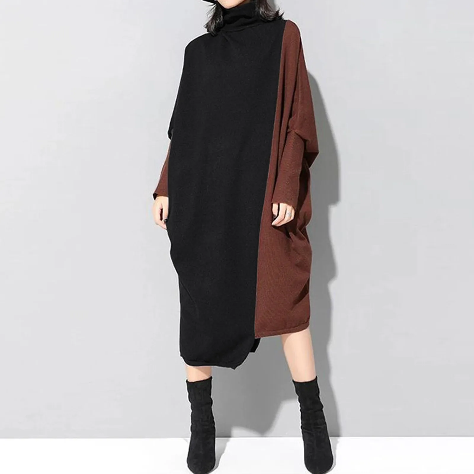 

Autumn Winter Oversized Half High Collar Vintage Vestidos Patchwork Dress Women Batwing Long Sleeve Robe Casual Fashion Dresses