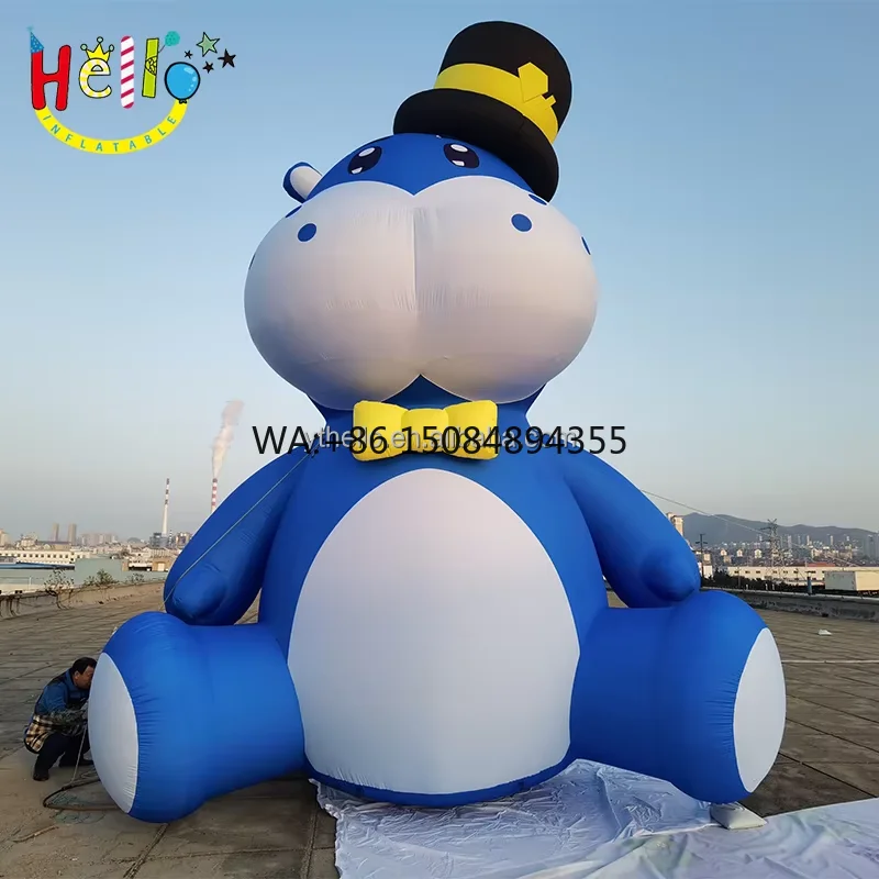 Outdoor Cartoon Animal Character Model Giant Blue Inflatable Mascot Hippo with Top Hat
