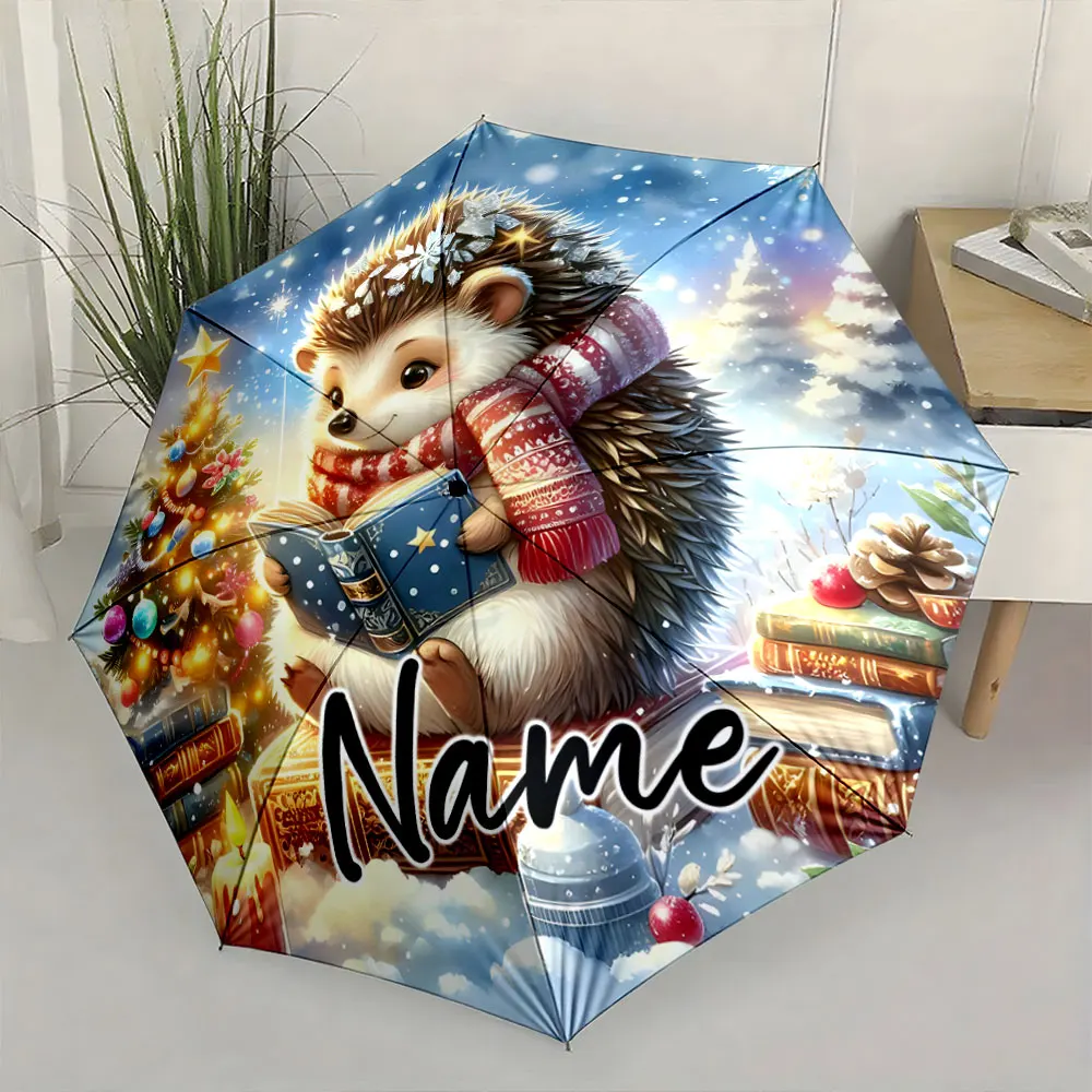 Custom Name Cozy Hedgehog Reading Under Christmas Tree Umbrella Print 8 Iron Ribs Folding Umbrella Auto-Open Fashion Sunshade