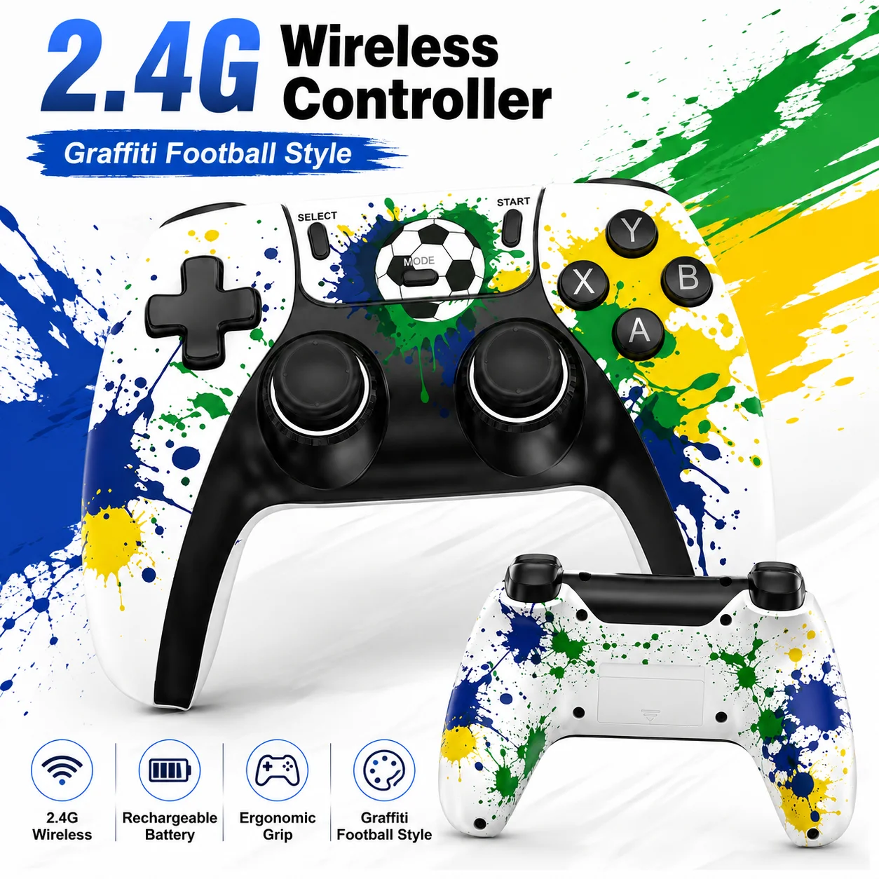 Dual 2Pcs Football Themed Wireless Gamepad Set Fashion Paint Splash Surface Stable Wireless Connection Precise Button Control