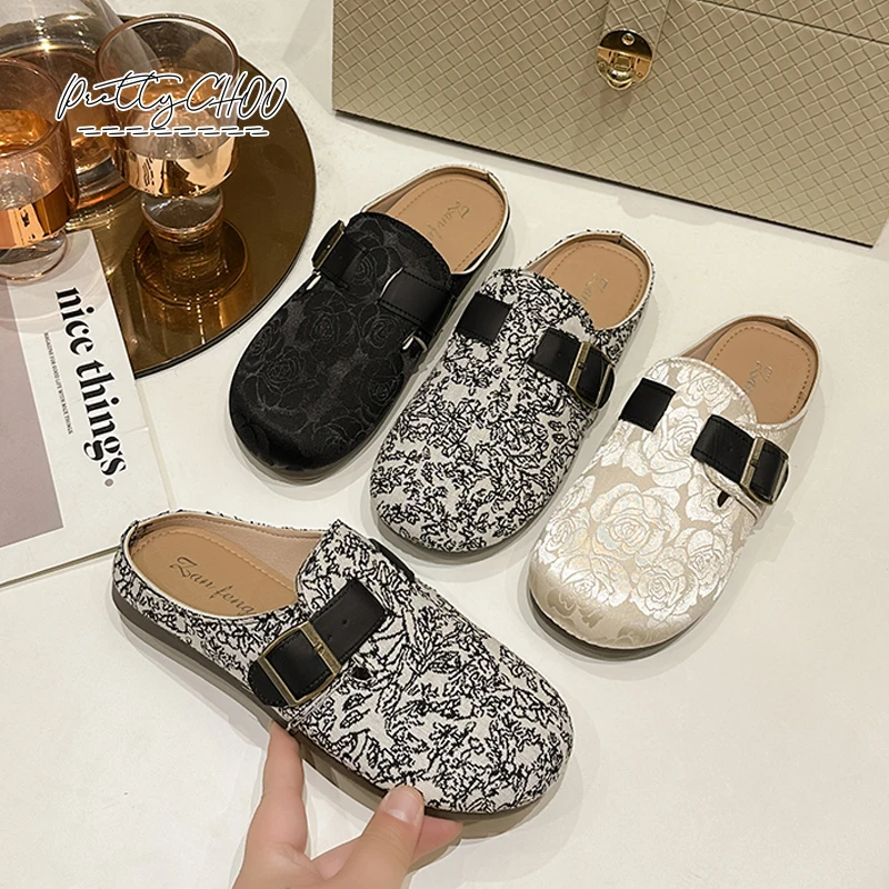 Woman's Satin Silk Mule Clogs Closed Toe Slide Slippers Ladies Luxury Floral Jacquard Birken Sandals