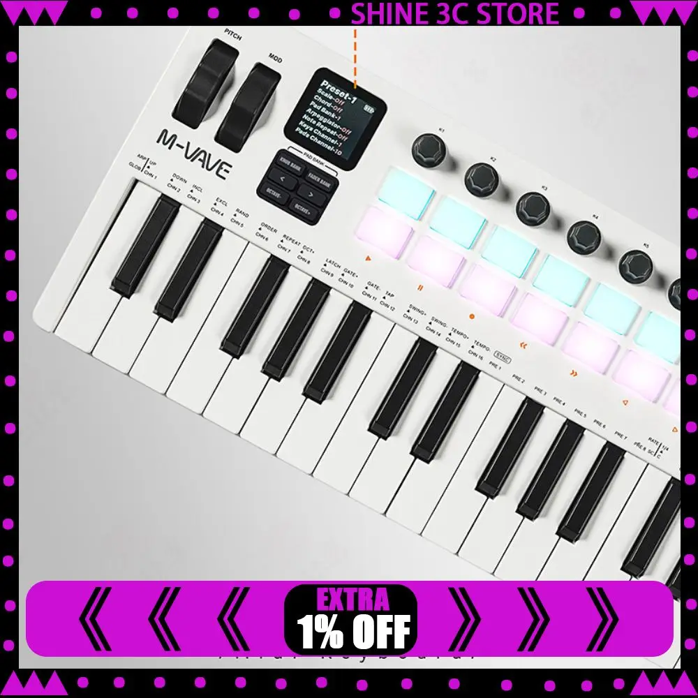 M-VAVE SMK-37 Pro Keyboard Portable 37 Key MIDI Controller​ With Built-in Synth Engine 8 Knobs+16 RGB Pads 37 Key Punching Pad