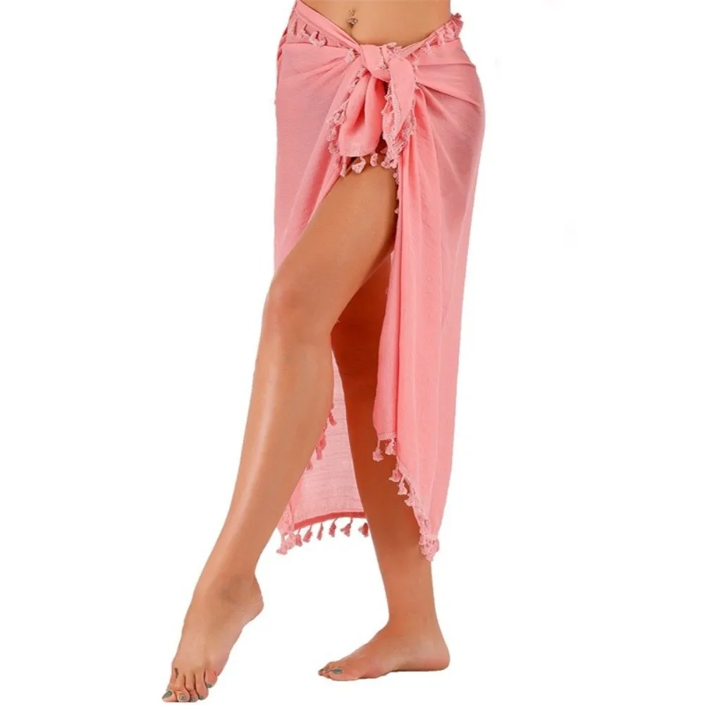 Solid Color Beach Wrap Skirt Sheer Design Tassel Trim Sarong Beach Towel Knot Side Quick Drying Swimsuit Cover Up