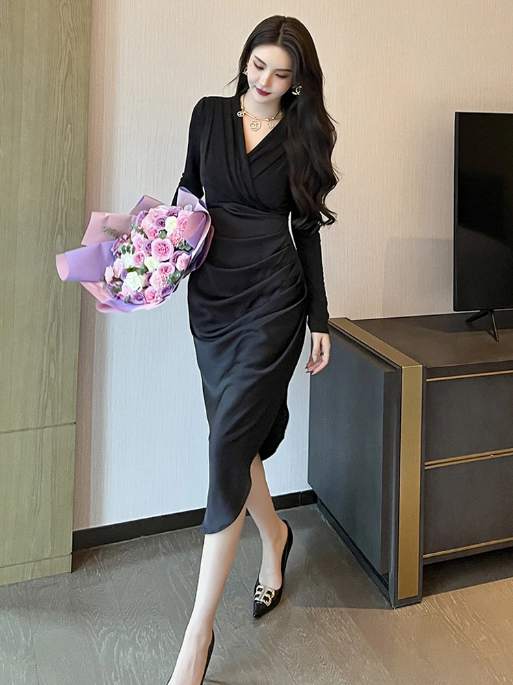 Nova primavera outono coreano elegante vestido de noite feminino cetim manga longa dobras midi festa aniversário vestido robe femme mujer vestidos