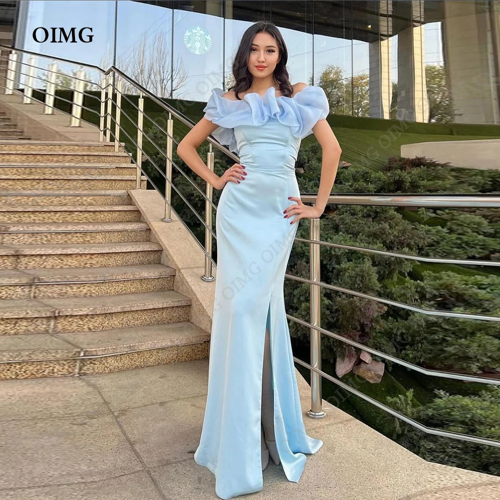 

OIMG Light Sky Prom Dress Blue Side Slit Modern Off Shoulder Satin Organza Evening Gown Long Draped Party Dresses فساتين مناسبة