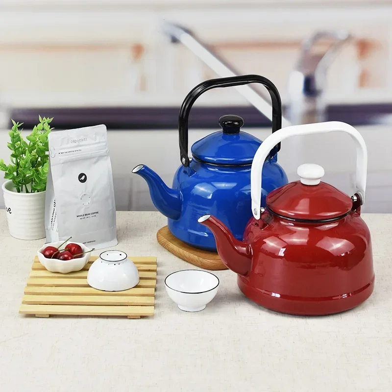 Enamel Teapot with Ancient Clock Design Pure Blue & Red European Style for Lovers  Decorative Kitchenware