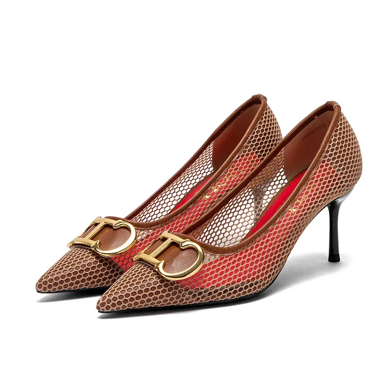 C-H High Heels Red 2026 Spring New Hollow Business Women's Shoes 7cm Red Evening Shoes net